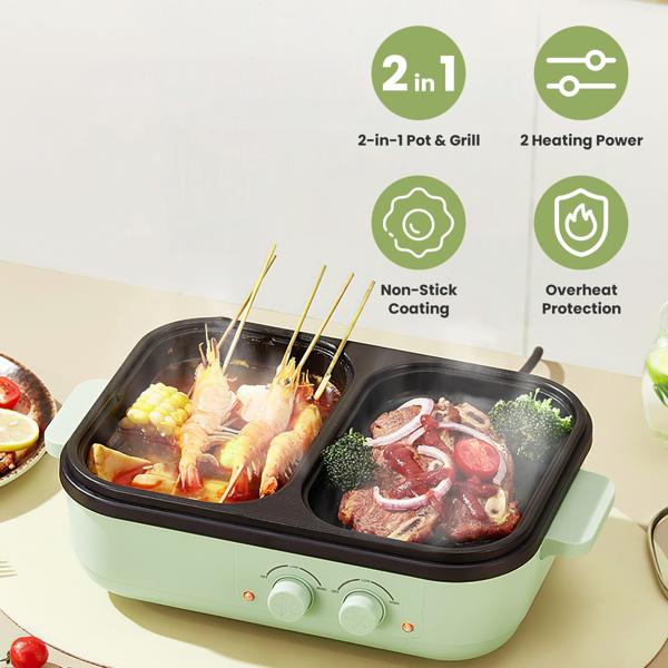 หม้อไฟฟ้า 2 in 1 พร้อมย่างกิน อุณหภูมิแยกได้ สำหรับ 1-2 คน